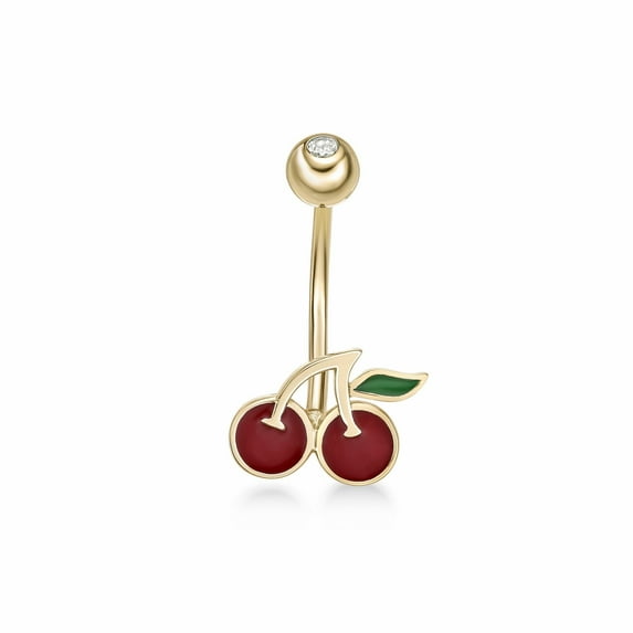Lavari Jewelers 16 Gauge Red Enamel Cherry Belly Ring in 10k Yellow Gold