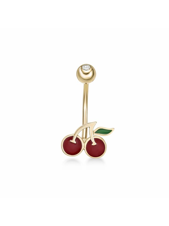 16 Gauge Red Enamel Cherry Belly Ring in 10k Yellow Gold