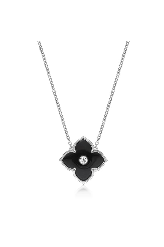 Flora Women's Black Onyx Flower Pendant Necklace in Yellow Gold Plate Sterling Silver with Cubic Zirconia - 16- 18 Inch Adjustable Cable Chain