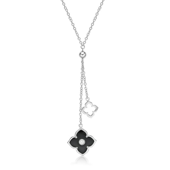 Lavari Jewelers Flora Women's Black Onyx Double Flower Pendant Necklace in 925 Sterling Silver with Cubic Zirconia - 16- 18 Inch Adjustable Cable Chain