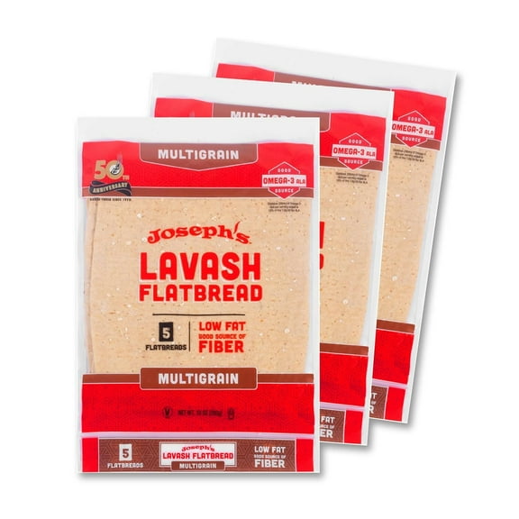 Lavash Bread Value 3-Pack, Multigrain, Reduced Carb, Low Fat and Good Source of Fiber (5 Flatbreads per Pack, 15 Total), Fresh Baked