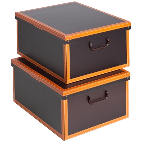 Lavatelli: Storage Box 2 Pack: Large - Leather Brown - Lid-Handles, Decorative Cardboard Organizer, Stack-Fold, Home-Clothes-Linen, 19.7 x 15.7 x 9.8"