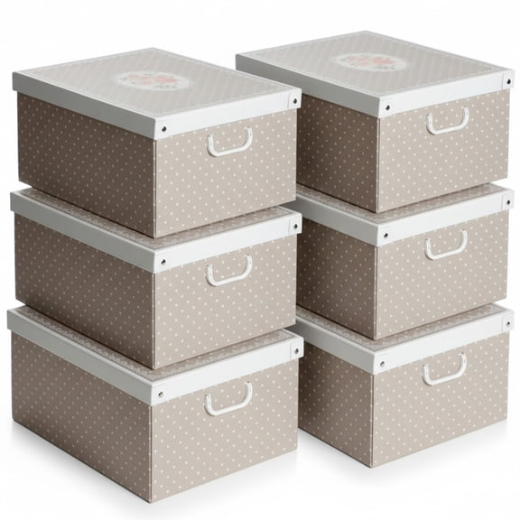 Lavatelli: Storage Box 6 Pack: Large - Grey Polka Dots - Lid & Handles, Decorative Cardboard Organizer, Stacks, Home-Clothes-Toys, 19.7 x 15.4 x 9.4"