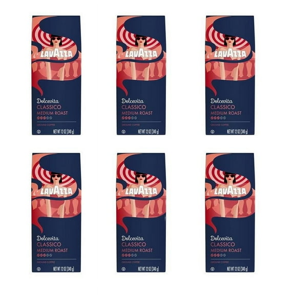 Lavazza Dolcevita Classico Ground Coffee, Medium Roast, Arabica and Robusta Blend, 12 oz Bag (Pack of 6)