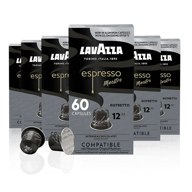 Lavazza Espresso Ristretto Dark Roast Arabica & Robusta Aluminum Capsules  Compatible with Nespresso Original Machines (Pack of 60) , Intense and Full  Bodied, Dark Crema, Intensity 12 of 13 