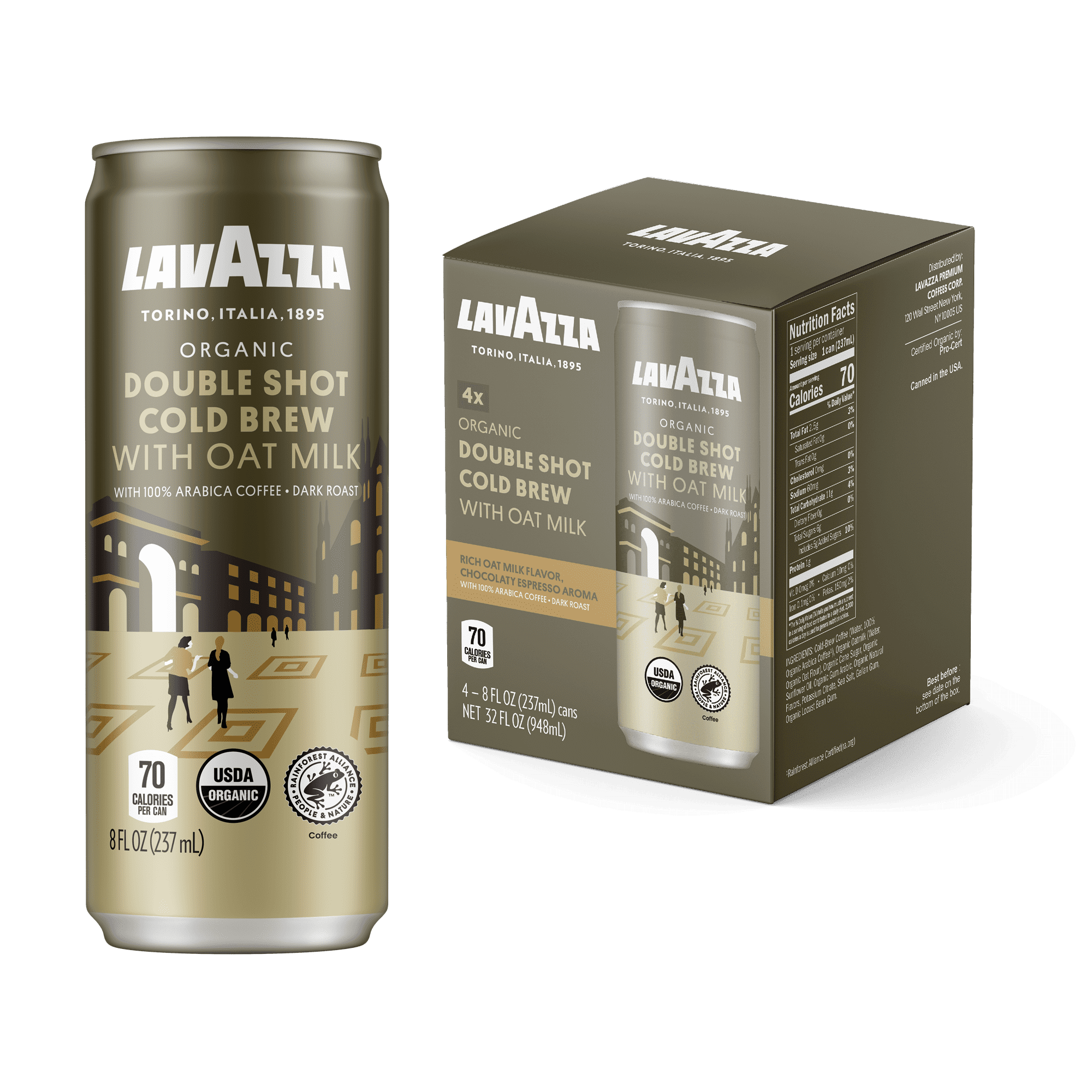 Lavazza Organic Double Shot Oat Milk Cold Brew Coffee, (Pack of 4 Cans