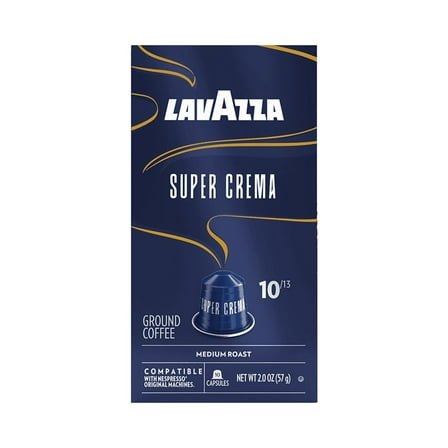 Lavazza Super Crema Aluminum Capsules Compatible with Nespresso* Original Machines, Medium Roast, Arabica and Robusta Blend (10 Capsules)