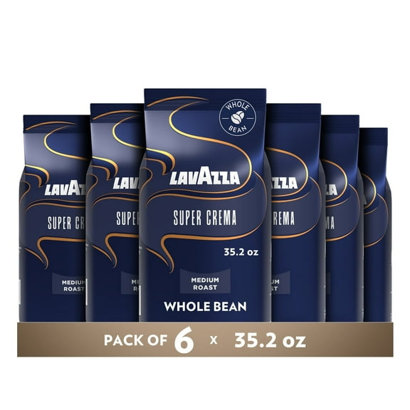 Lavazza Super Crema Whole Bean Coffee, Medium Roast, Arabica and Robusta Blend, 2.2 lb Bag (Pack of 6)