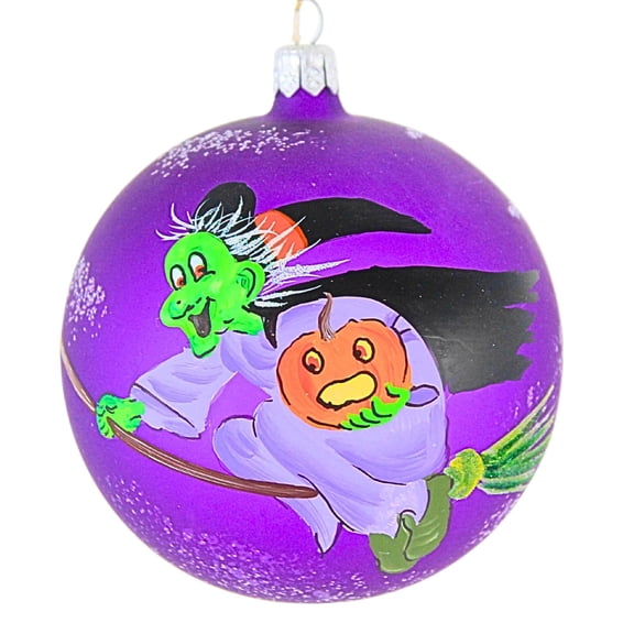 Laved Italian Ornaments FLYING GREEN WITCH BALL Halloween Pumpkin Broom 936326
