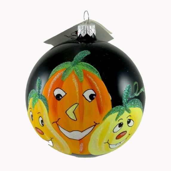 Laved Italian Ornaments THREE PUMPKINS BLACK BALL Glass Carved Gourds 936328