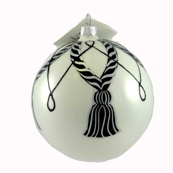 Laved Italian Ornaments WHITE BALL BLACK SILVER TASSELS Glass Christmas 24373