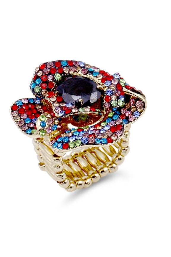 Flower Shape Crystal Cocktail Stretch Ring Party Ring for Women