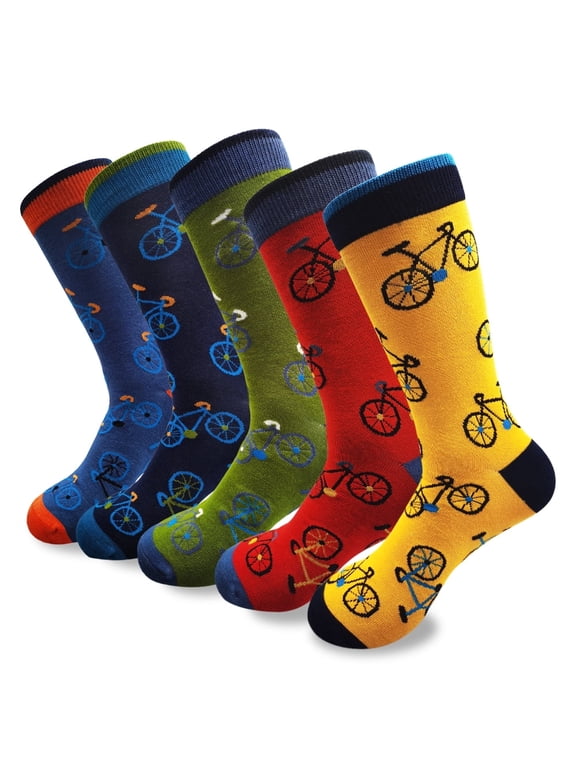 Mens Bamboo Crew Cycling Bike Pattern Socks for Men Shoe Size 7-12, Sock Size 10-13, 5 Pairs (Bicycle Pattern)