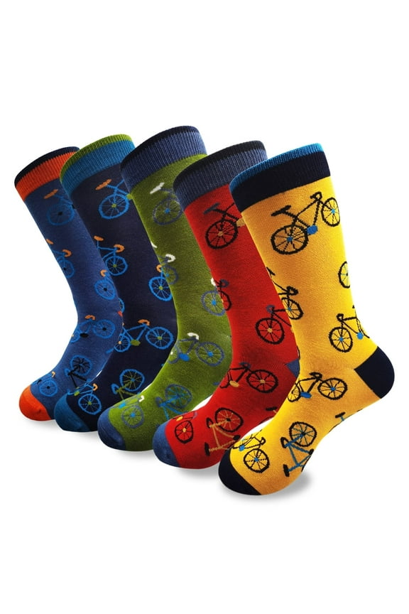 Mens Bamboo Crew Cycling Bike Pattern Socks for Men Shoe Size 7-12, Sock Size 10-13, 5 Pairs (Bicycle Pattern)