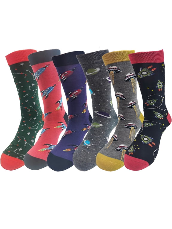 Novelty Space Rocket Soft Bamboo Fiber Casual Crew Socks for Men Shoe Size 7-12, 6 Pairs (Space and Rocket)