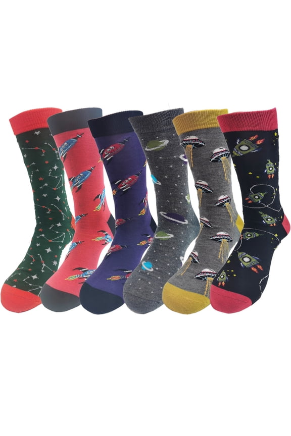 Novelty Space Rocket Soft Bamboo Fiber Casual Crew Socks for Men Shoe Size 7-12, 6 Pairs (Space and Rocket)