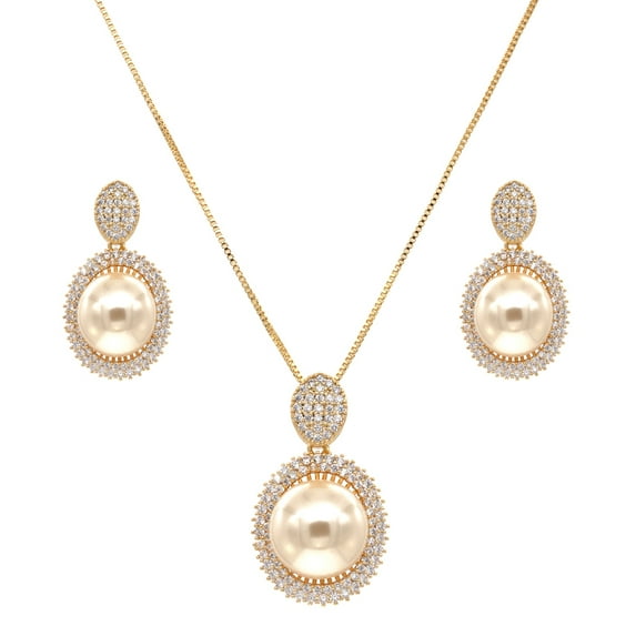 Lavencious Oval Dangle Jewelry Set Cream Color Pearl Necklace & Earrings Sets for Women