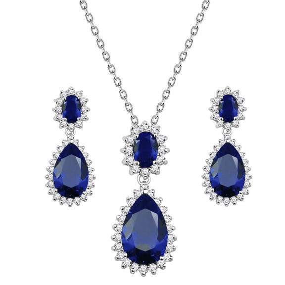 Lavencious Teardrop Dangle Jewelry Set 16" Necklace & Earrings Trendy AAA Cubic Zirconia For Women (Blue) C113
