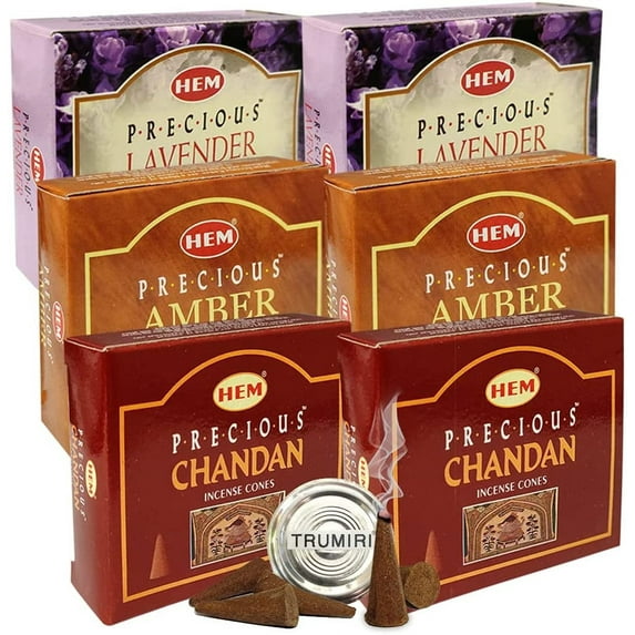 Lavender Amber Chandan Incense Cones & Holder Bundle Variety Pack From Hem Trumiri Insense Inscents Insencents Insence