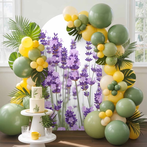 Lavender Arch Backdrop Cover, 5FT, Purple Floral Leaves Plant White Background Spandex Arch Covers Double-Sided Backdrop for Wedding Birthday Party Photo Background Decoration
