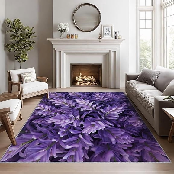 Lavender Area Rugs for Bedroom, Lavender Floral Rug, Girls Purple Flower Rug for Living Room, Botanical Floral Washable Bedroom Carpet, Spring Flower Home Decor & Gifts 5 x 6ft