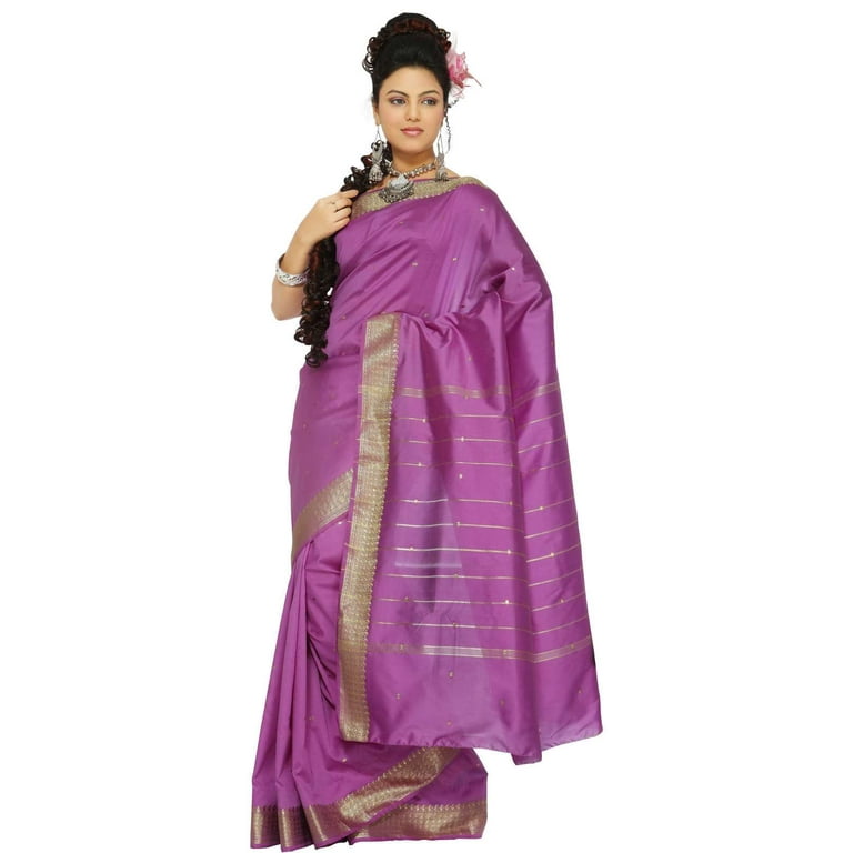 Lavender Art Silk Saree Sari fabric India Golden Border 