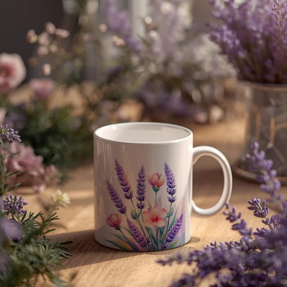 Lavender B Mug, Watercolor Flower Aroffee Mug, oz Ceramic Cup, Floral Illustration, Pink B Cup, Flower Lover Gift Mug.
