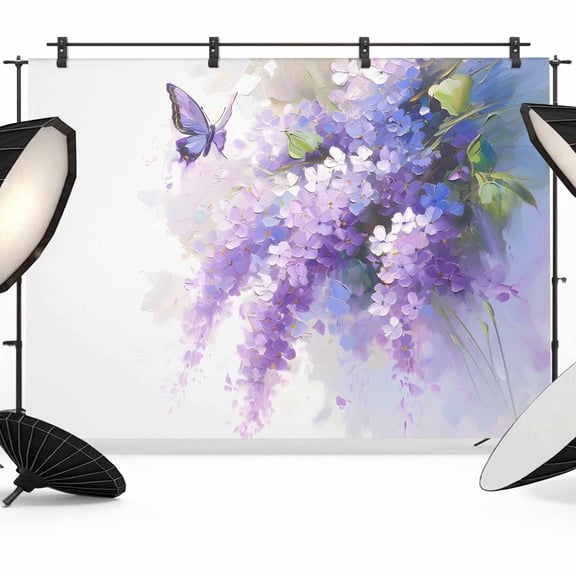 Lavender Backdrop for Photography,Fabric Photo Background Backdrop,Watercolor Purple White Floral Botanical Butterfly Photo Booth Background for Portrait Photoshoot Video Wedding Banner 7x5ft