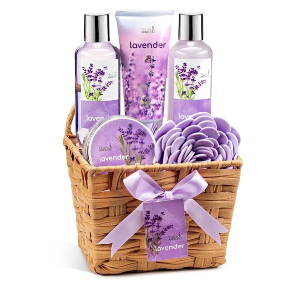 Lavender Bath and Body Gift Set for Women and Men, Relaxing Spa Basket with Shower Gel, Bubble Bath, Body Scrub, Lotion, and Bath Puff in Wicker Basket