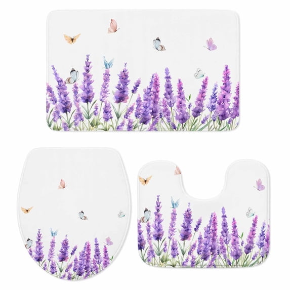Lavender Bath Mat 3 Piece Bathroom Rug Set, Purple Spring Floral Botanical Butterfly Non Slip Bath Rug Contour Mat and Toilet Lid Cover, Absorbent Shower Mats Soft Bath Rugs and Mats Sets