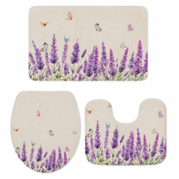 Lavender Bath Mat 3 Piece Bathroom Rug Set, Purple Spring Floral Botanical Butterfly Rustic Non Slip Bath Rug Contour Mat and Toilet Lid Cover, Absorbent Shower Mats Soft Bath Rugs and Mats Sets