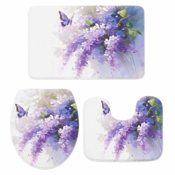 Lavender Bath Mat 3 Piece Bathroom Rug Set, Watercolor Purple White Floral Botanical Butterfly Non Slip Bath Rug Contour Mat and Toilet Lid Cover, Absorbent Shower Mats Soft Bath Rugs and Mats Sets