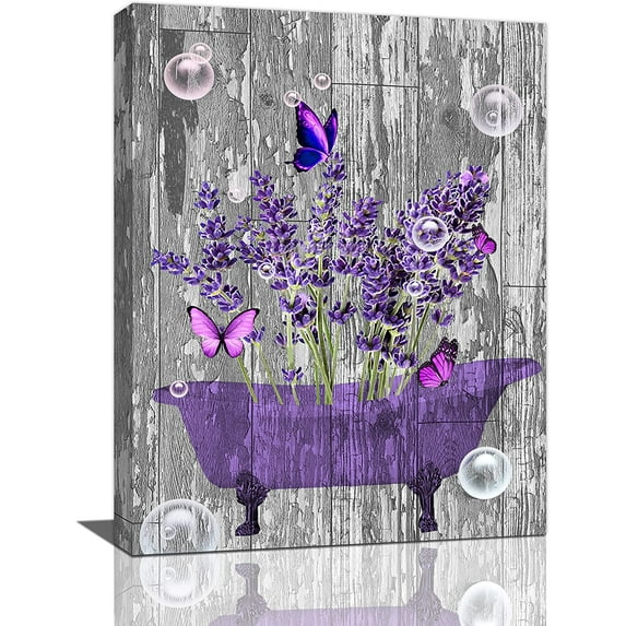 Lavender Bathroom Decor Wall Art Purple Farmhouse Bathroom Pictures for Wall Rustic Butterfly Bathtub Artwork Vintage Country Bathroom Grey White Painting Framed Bath Laundry Decorations 12"x16"
