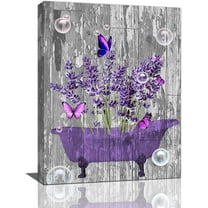 Lavender Bathroom Decor Wall Art Purple Farmhouse Bathroom Pictures for Wall Rustic Butterfly Bathtub Artwork Vintage Country Bathroom Grey White Painting Framed Bath Laundry Decorations 12"x16"