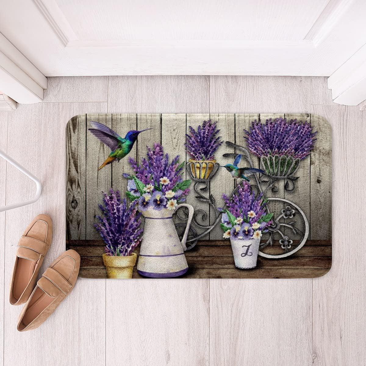 Lavender Bathroom Rug Purple Floral Plants Bird No Slip Bath Mat for