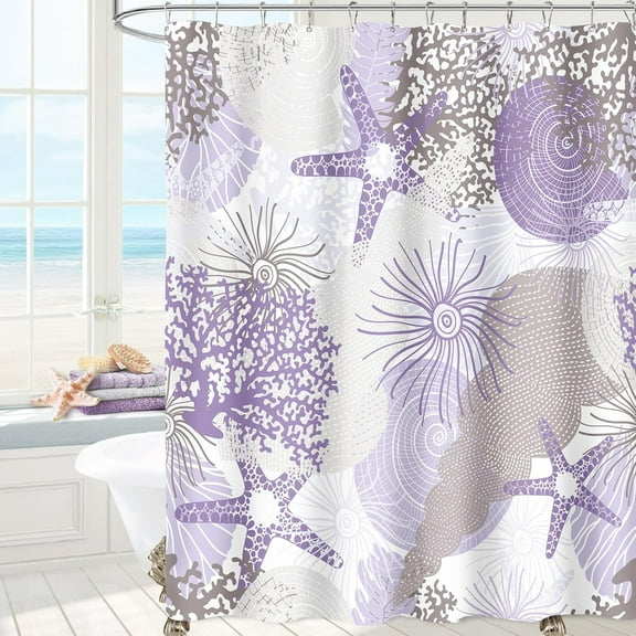 Lavender Beach Ocean Themed Shower Curtain, Light Purple Cute Nautical Coastal Shower Curtains for Bathroom Decor, Summer Tropical Seashell Starfish Coral Fabric Shower Curtain, 72x72