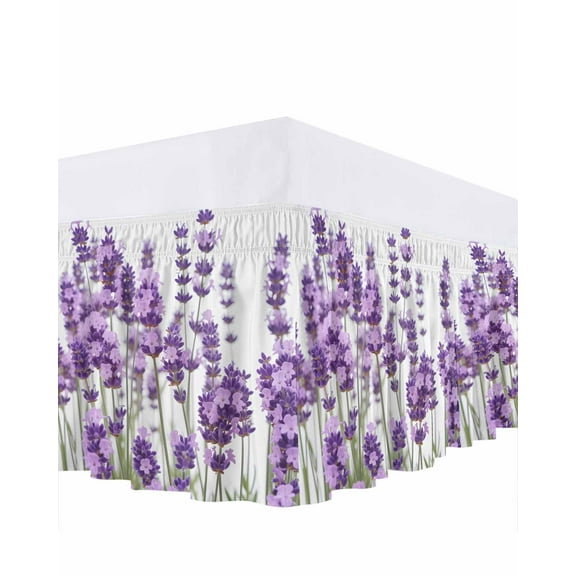 Lavender Bed Skirt Purple Floral Leaves Plant White Background Bed Skirts Queen Size 16 Inch Drop, Wrap Around Dust Ruffle&nbsp;Bedskirt with Adjustable Elastic Belt for Queen Size Beds