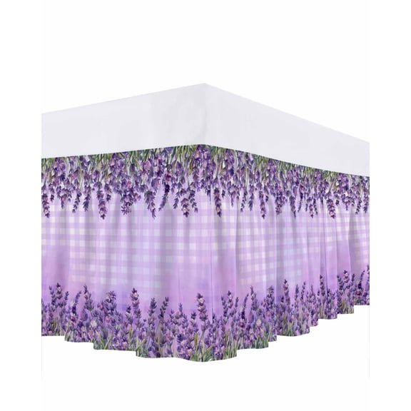 Lavender Bed Skirt Queen Size 16 Inch Drop, Spring Purple Flowers Watercolor Purple Plaid Adjustable Elastic Dust Ruffles Bedskirt for Queen Bed Wrap Around Pleated Mattress Frame Cover