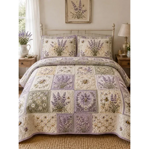 Lavender Bee Quilted 3-Piece Bedding Set – Classic Americana Quilted Bedding With Matching Pillow Shams