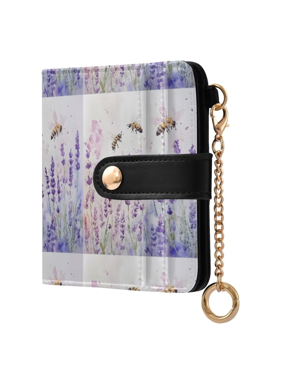 Lavender Bee Small Wallet for Women RFID Blocking Bifold PU Leather Credit Card Holder with Zipper Coin Pocket Compact Cute Travel Purse Magnetic Snap 7 Card Slots