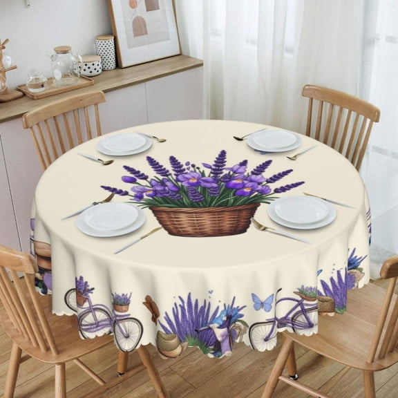 Lavender And Bicycle Themed Circle With Butterflies Round Tablecloth Waterproof Oil-Proof Plastic Table Cloth Stain-Resistant Wipeable 60" for Camping, Dining, Indoor and Outdoor