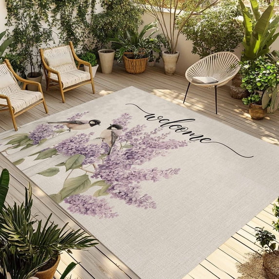Lavender Bird Outdoor Rug 3x5 Ft - Reversible Patio Rug Outdoor Camping Rugs, Country Purple Garden Flowers Spring Washable Indoor Outdoor Area Rugs, Non-Slip Outdoor Carpet Runner for Deck/Porch