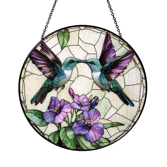 Lavender Bird Scene Round Suncatcher – Stained Glass Style Window Decoration