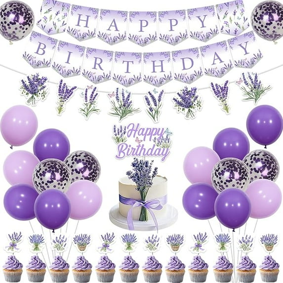 Lavender Birthday Party Decorations, Lilac Violet Banner Cake Topper Cupcake Toppers Balloons, Purple Lavender Butterfly Birthday Party Supplies