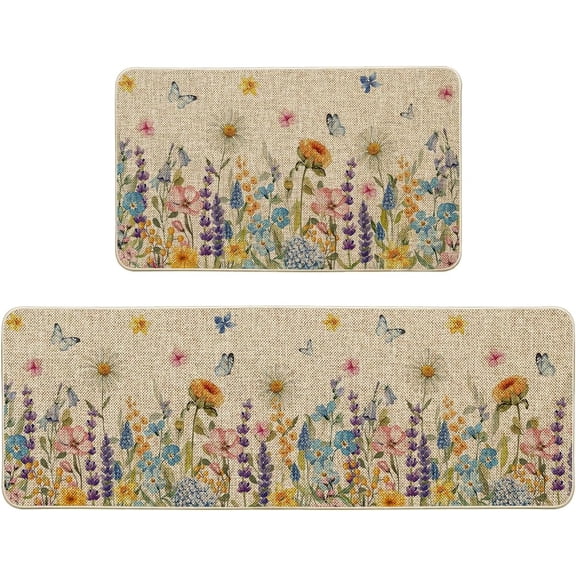 Lavender Bloom Spring Kitchen Mats Set of 2, Seasonal Home Decor Leaves Low-Profile Kitchen Rugs for Floor - 17x29 and 17x47 Inch