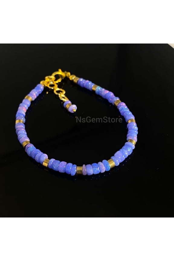 Lavender Blue Ethiopian Opal Beaded Bracelet: Gold Finish, Handmade Jewelry
