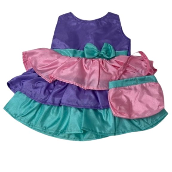Lavender Bodice Doll Dress with Colorful Ruffle Skirt, Mint Bow & Matching Purse for 18 inch dolls.