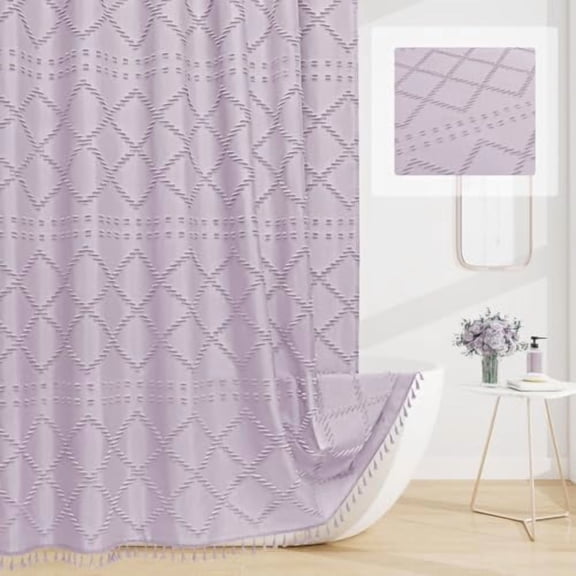 Lavender Boho Woven Fabric Shower Curtain with Tassel 72 x 78, Bohemia Tufted Chevron Striped Chic Textured, Purple Waterproof Modern Farmhouse Minimalist Cloth Curtain for Bathroom