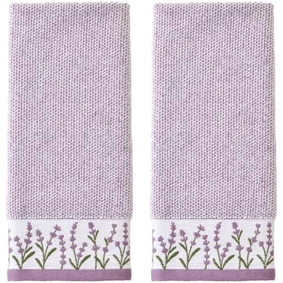 Lavender Border 100% Cotton Jacquard 2pc Hand Towel Set, Embroidered & Decorative for Bath/Kitchen/Bar & Gift, Purple