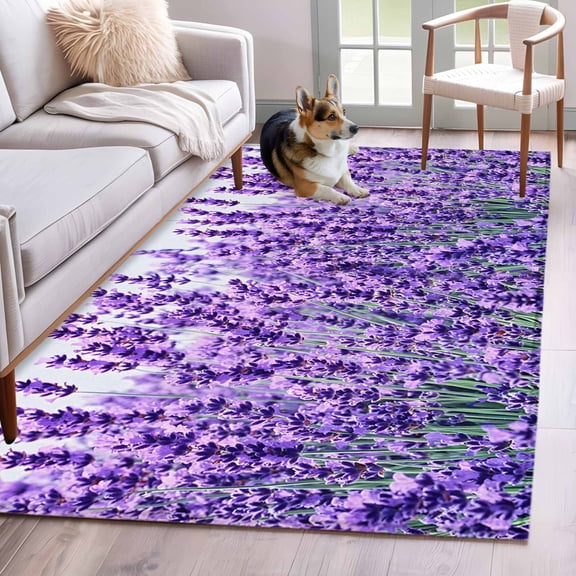 Lavender Botanical Art Area Rug 3x5 Washable Rug Non Slip Verdant Flower Purple Large Area Rug Indoor Floor Carpet for Entryway Bedroom Kitchen Living Room Home Office Dining Room Nursery